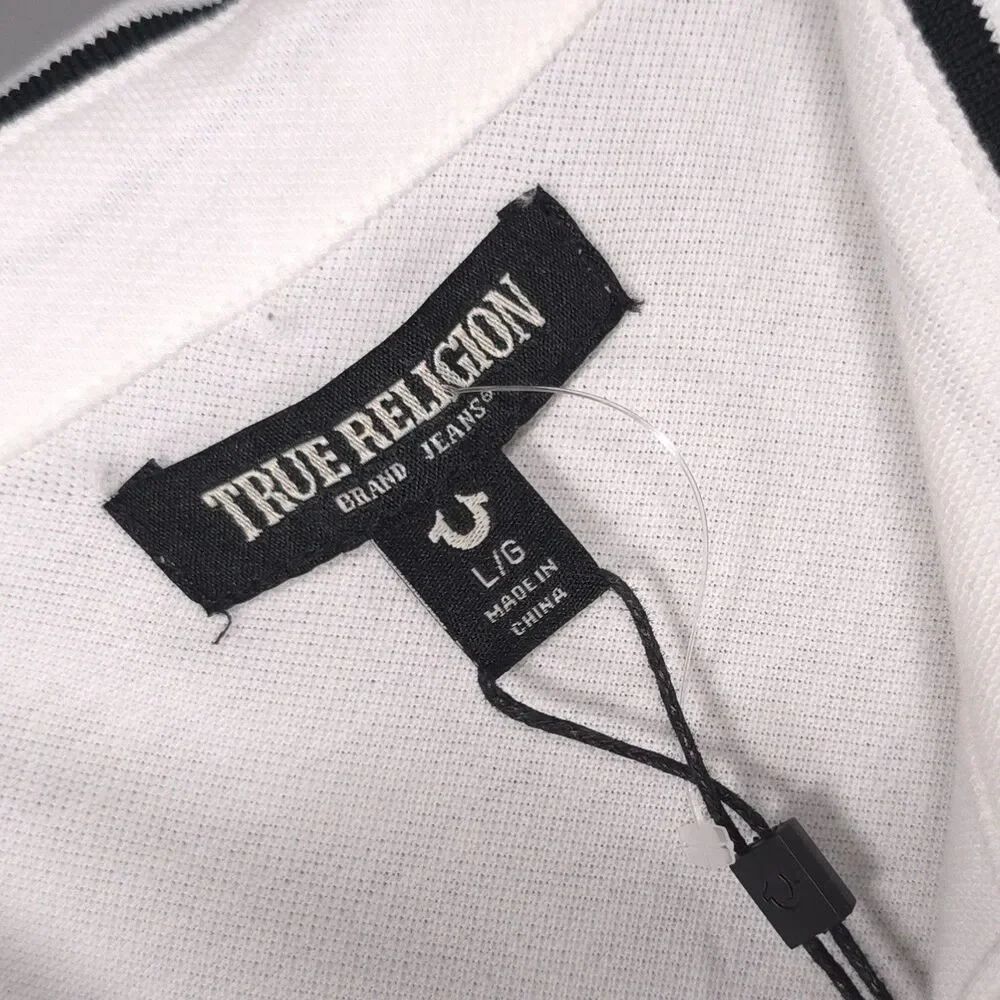 TRUE RELIGION Mens New Polo Shirt LARGE White Logo Graphic 701065 PIQUE POLO